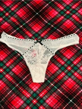 Victoria's Secret White Lace Thong with Black Bow